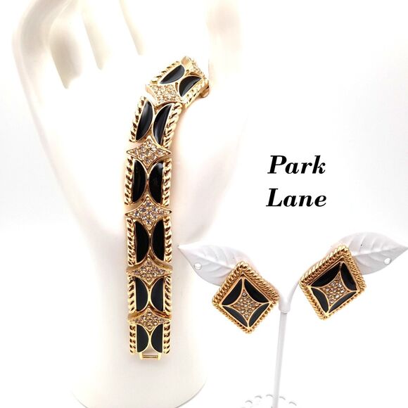 Vintage Park Lane Bracelet Post Earrings Set, Black Enamel Rhinestones - Picture 1 of 11